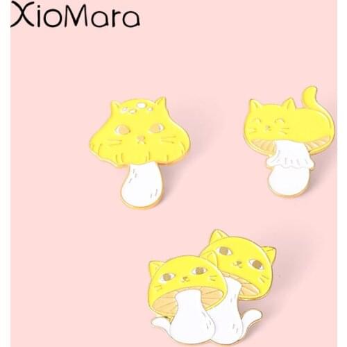 Yellow Cat Face Mushroom Enamel Pin Lovely Magic Cat Couple Brooches Badges Backpacks Clothes Plant Badge For Women Jewelry Gift