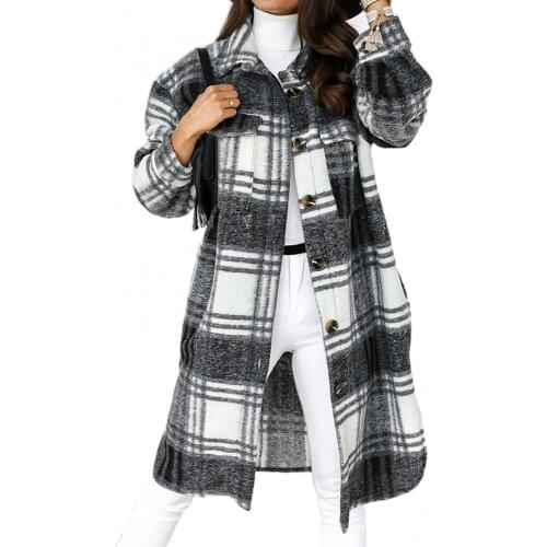 Autumn Winter Women Plaid Buttons Long Sleeve Lapel Jacket Knee-length Overcoat New 2021