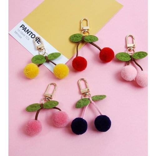 2021 Cute Cherry Balls Pompoms Keychain For Women Trinket Key Chains Ring Car Bag Pendent Charm Airpods Accessories D484
