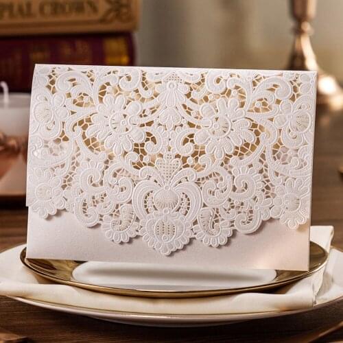 Wishmade White Gold Laser Cut Wedding Invitation Cards with Hollow Favors Invites Cardstock for Engagement Wedding 100pcs