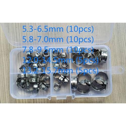 Free shipping Pipe Clamp High Quality 40 PCS Stainless Steel 304 Single Ear Hose Clamps Assortment Kit Single with box