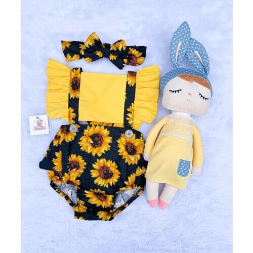 0-24M Infant Baby Girls Boys Sunflowers Bodysuits Ruffles Sleeve Print Summer Jumpsuits Headband