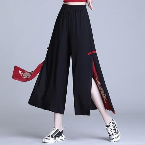 Chinese Style WomenS Pants 2021 New Summer Chiffon Hippie Ethnic Loose Black Embroidery Wide Leg Pants Kimonos Trousers 11804