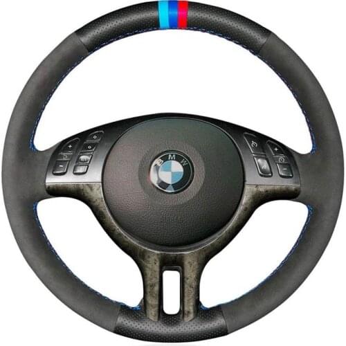 DIY Side Perforated Leather Steering Wheel M-color Stitching Cover For BMW E39 E46 2000-2005/X5 E53 2000-2001