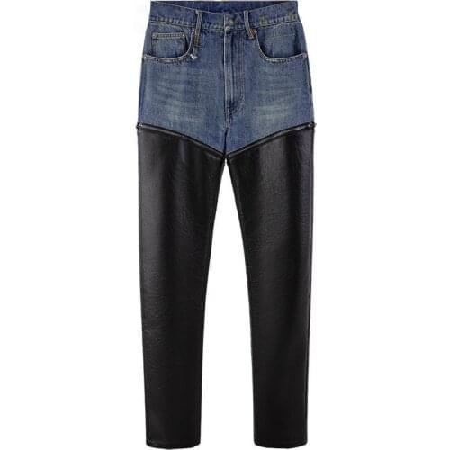 Women Jeans Pu Zipper Leather Patchwork Removable Jeans Woman High Waist Color Matching Vintage Casual Denim Pants 2021 New