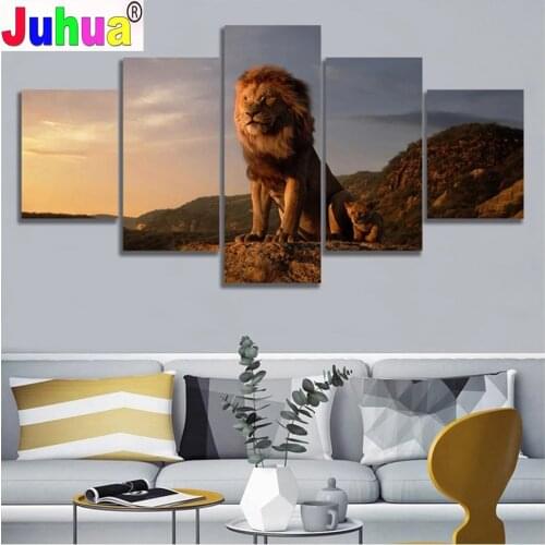 Lion King Mountain 5D Full Square Diamond Painting 5 Panel Animal Pattern Embroidery Round Mosaic Cross Stitch Kit Fast Delivery