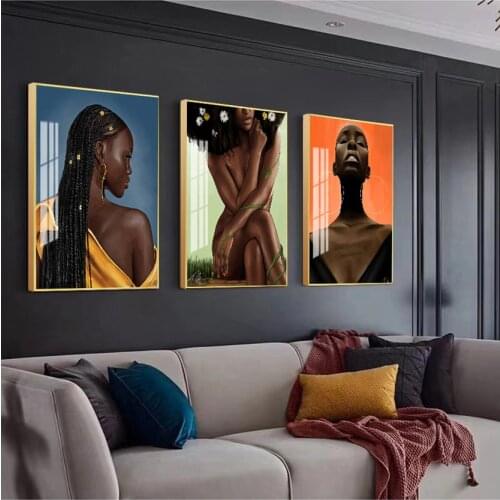 African Art Black Girl Woman Portrait Painting on Canvas Cuadros Poster and Print Scandinavian Wall Art Picture for Living Room