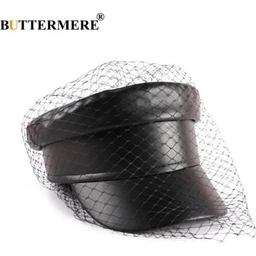 BUTTERMERE Leather Military Cap Women Black Captain Hat With Veil Elegant Solid Fiddler Cap Ivy Female Autumn Casual Sailor Caps