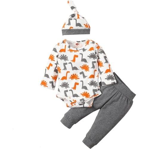 2021 0-24M Infant Girl Boy Clothes Set Cartoon Dinosaur Print Long Sleeve Romper+Gray Solid Pants+Hat Casual Outfits 2pcs
