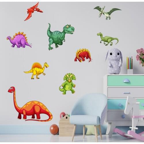 Colorful dinosaur combination stickers childrens room bedroom living room removable decorative dinosaur series wall stickers