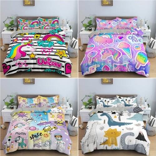 Cartoon Unicorn Bedding Set Soft Duvet Cover Comforter Bedding Quilt Cover 2/3 Pieces Kids Bed Set Single Twin Full Queen King