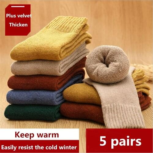 5 Pairs/set of Winter Warm Socks, Womens Thickened Warmth, Soft Solid Color Socks, Cotton Snow Fleece Boots, Floor Socks