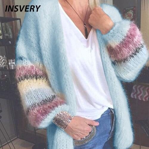 Autumn Winter Womens Sweater Stitching Color Warm Cardigan Women Long Sleeve Soft Loose Women Coat Plus Size 2021
