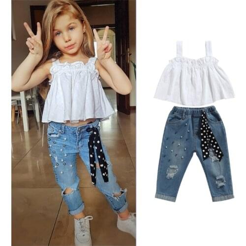 2-7Y Toddler Baby Kid Girls Clothes Set Solid Sleeveless Top Pearls Jeans Pants Outfits Children Girls Costumes Summer