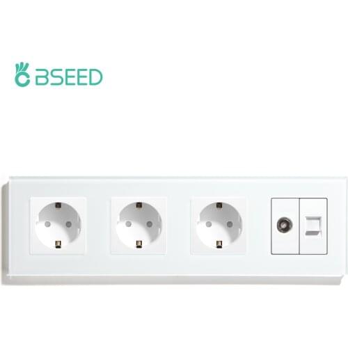 BSEED Triple European Wall Socket With TV PC Outlet Computer RJ45 Network Jack Television Power Outlet Crystal Glass Panel