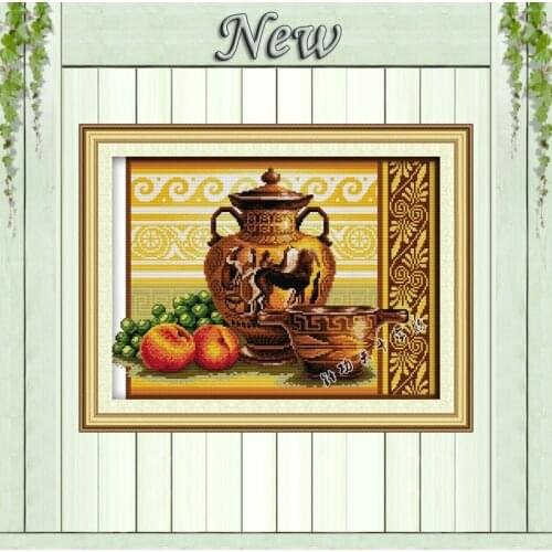 Peach grapes Pottery fruit painting counted printed on canvas DMC 11CT 14CT Chinese Cross Stitch kits embroidery needlework Sets
