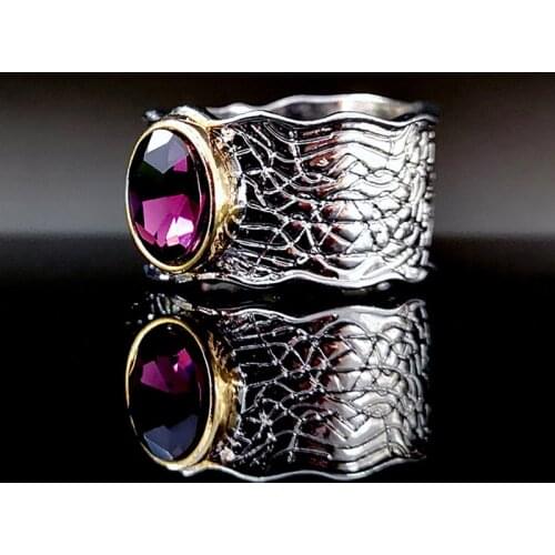 Gold-Plated 925 Thai Silver Two Color Amethyst Ring Retro Corrugated Ring Female Fashion Lewelry Girlfriends Gift Accessories
