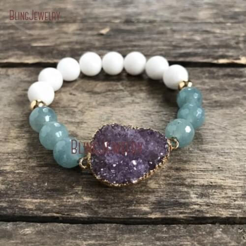 Natural Amethysts Druzy Quartzs Beads Stretch Bracelet BM33665