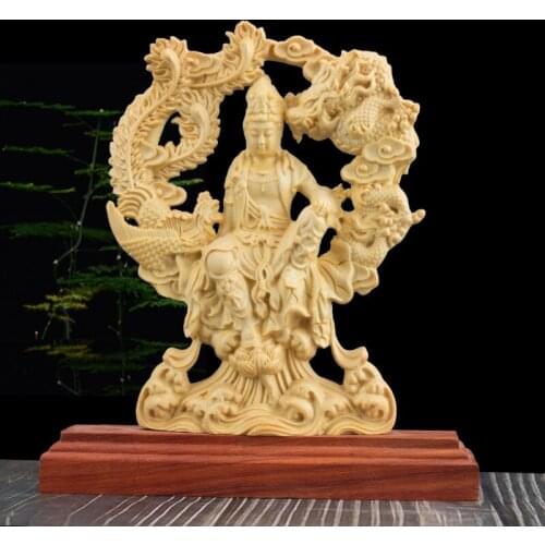Chinese Guanyin Woodcarving Dragon and Phoenix Statue Solid Wood Carving Home Decor Loft Crafts Commercial Gifts Buddha statue