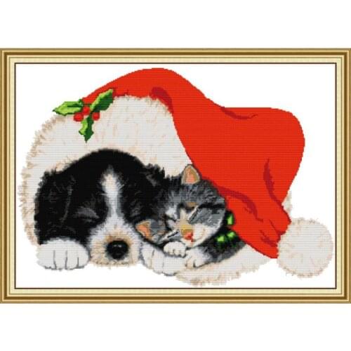 Christmas Gift Cross Stitch Chinese Embroidery Kit Cute Puppy Kitten Wearing Christmas Hat Sleeping 14CT Creative Manual DIYGift