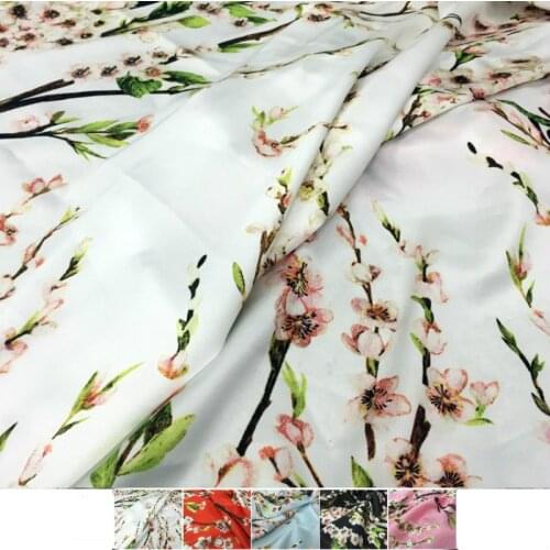 145cm Width Peach Blossom 100% Polyester Printed Stretch Satin Soft Clothing Shirt Ladies Brand Fabric Cloth for Dress by Meter