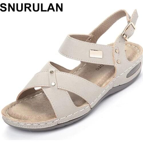 SNURULANSummer Women Sandals Vintage Wedge Shoes Soft Comfort Shoes Casual Beach Non Slip Women Leather Rome Shoes Summer Spring