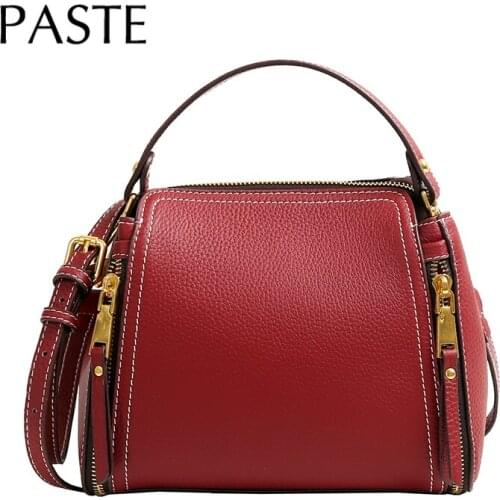 Retro Double Zipper Solid Color Genuine Leather Handbag Top Quality Crossbody Bags Luxury Bucket Bags for Women Shoulder Bag