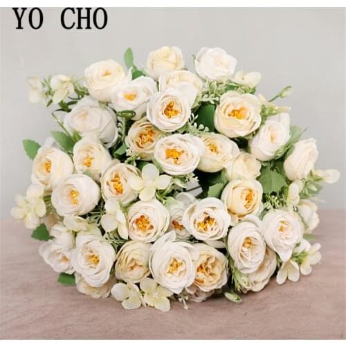 YO CHO Artificial Flower 10 Heads Silk Rose Bridesmaids Wedding Flower Mini Bouquet 5 Branch Fake Flowers DIY Wedding Home Decor