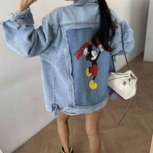 Disney Women Mickey Mouse Denim Jacket Autumn Winter Oversized Jeans Coat Female Cartoon Outwear Tops Long Sleeve Chaqueta Mujer