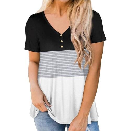 Women T Shirt Patchwork Stripe V-neck Short Sleeve Button T Shirt Tops Harajuku Plus Size Summer Pullover Tops ropa mujer