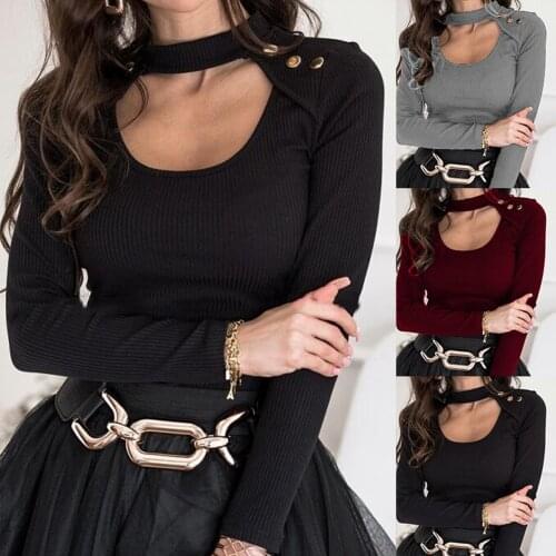 Women New Fashion Long Sleeve Buttons Basic Solid Color Slim Ribbed Knitwear Halter Blouse Tops Streetwear