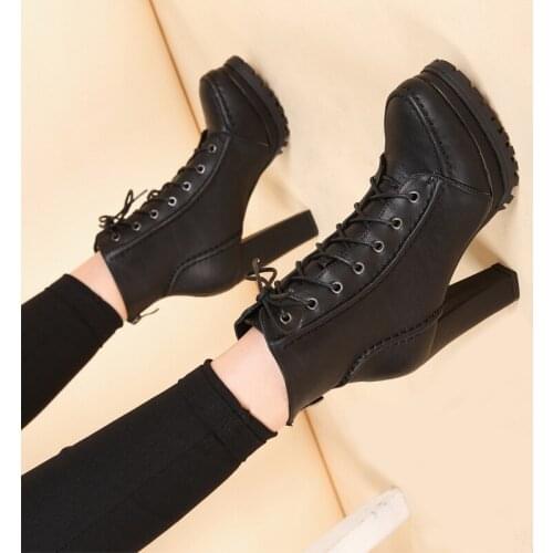 Women Autumn Ankle Boots Sexy Office High Heels Platform Boots Round Toe Leather Booties Black Pumps Ladies Party Shoes New 2021