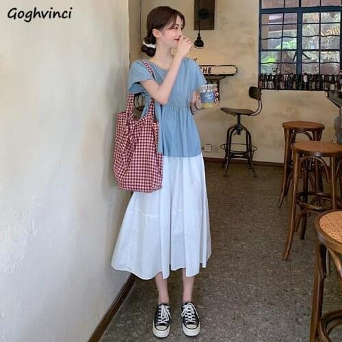Women Sets Mid-calf A-Line Skirts Short Sleeve Shirts Female Students Bow Solid Korean Style Simple All-match Fashion Chic Retro