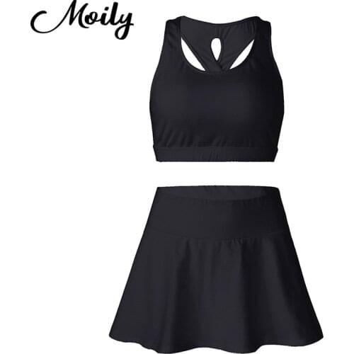 2Pcs Women Sport Suits U Neck Removable Pads Sport Bras Tops and Skirt with Built-in Shorts Set for Gym Running Tennis Workout