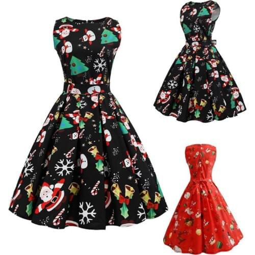 Retro Women Santa Claus Print Party Christmas Dress Vintage Sleeveless O-Neck A-Line Ladies Swing Dress Festival Costume vestido