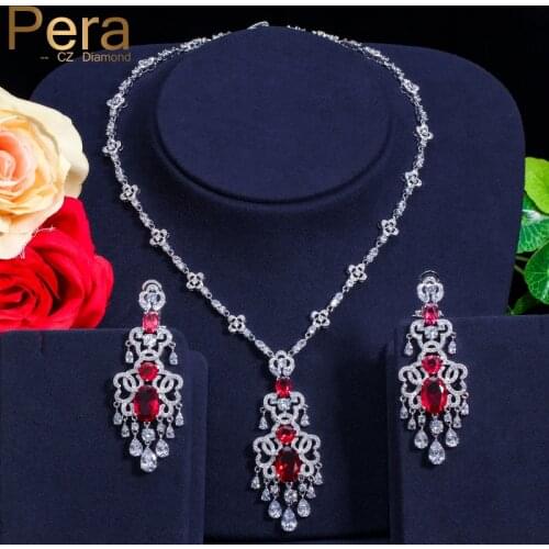 Pera Luxurious CZ Big Statement Long Dangle Dubai Women Wedding Party Gift Jewelry Sets With India Red Cubic Zirconia Stone J182
