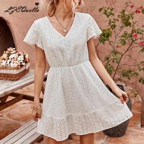 LZEQuella Women V Neck White Ruffles High Waist Mini Dress Summer 2021 Short Sleeve Hollow Holiday Dresses Vestidos NZ3085