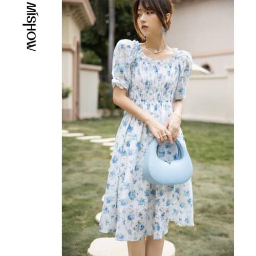 MISHOW Floral Blue Dress Women 2021 Summer Female Korean Loose Bow Sweet Puff Sleeve Elegant France Chiffon Dresses MXA28L0283