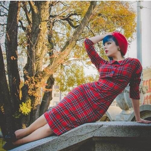 40- summer women vintage 50s tartan peter pan collar 1/2 sleeve wiggle pencil dress in red pinup vestidos plus size jurken