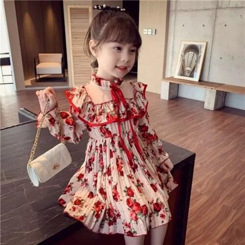2021 New Long Sleeve Chiffon Dress for Girls Print Lace Collar Princess Dresses Toddler Baby Girl Party Clothes Teenage 6 8 9 10