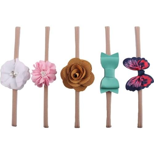 5pc baby girl boy spandex nylon headband toddler infants skinny stretchy Non-Marking Flower Bowknot Butterfly elastic hair Band