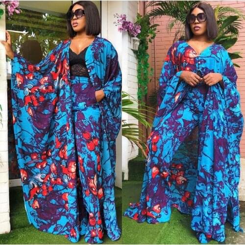 African Clothes for Women 2021 Summer Sexy Africna Women Printing Two Pieces Sets Long Coat and Pant African Clothing