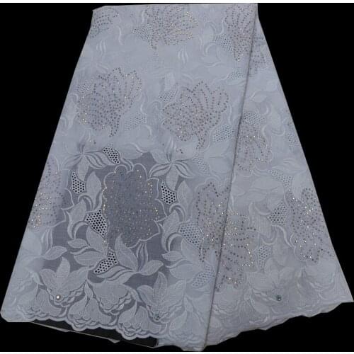 Free shipping (5yards/pc)high quality pure white African cotton lace fabric with embroidery and stones for party dress CLP246