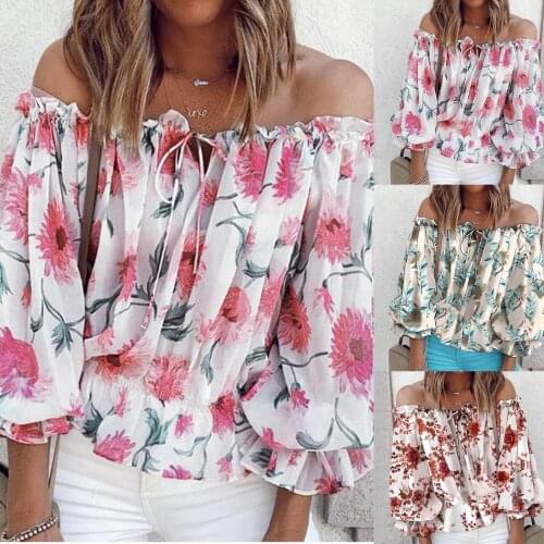 2021 Women Bohemian Clothing Blouse Shirt Fashion Floral Print Tops One-neck Blouses Blusa Feminina Plus size S-2XL Ladies Tops