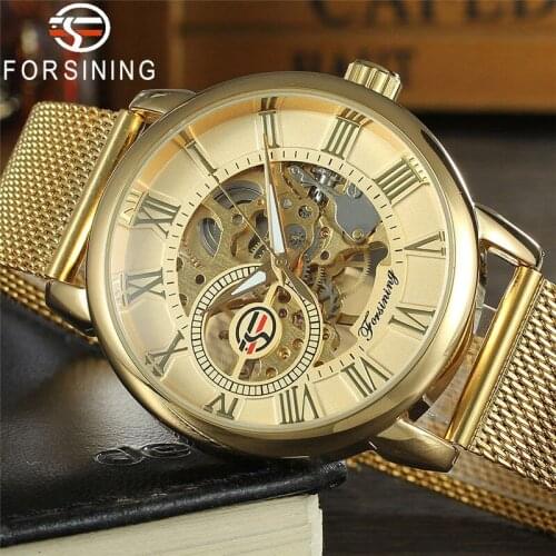 FORSINING Mechanical Men Wristwatch Military Army Sport Male Clock Top Brand Luxury Gold Stainless Steel Skeleton Man Watch 005