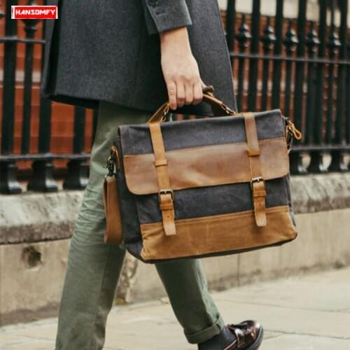 Business Men Handbags Mens Crossbody Bag Retro 15.6 Inch Laptop Shoulder Slung Bags Waterproof Canvas with Crazy Horse Leather