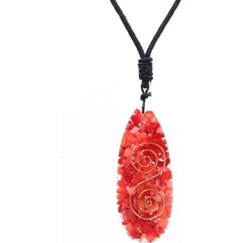 Long Water Drop Red Coral and Resin Pendant Handmade Weave Rope Chain Necklace Green Olivine Stone Jewelry