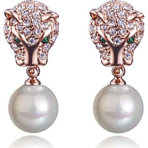 Leopard Earrings Rose Gold Plated Fashion Micro Pave Top CZ Crystals Charms Pearl Stud Earrings For Women Party Jewelry