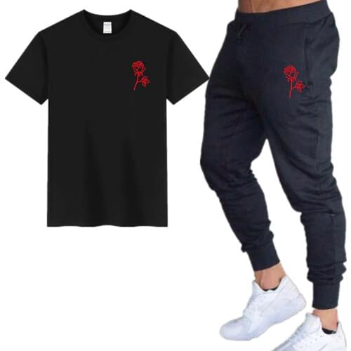 New trend brand summer fashion cotton loose casual breathable tshirt suits print Rose mens fitness sports t-shirt+pants 2 Sets