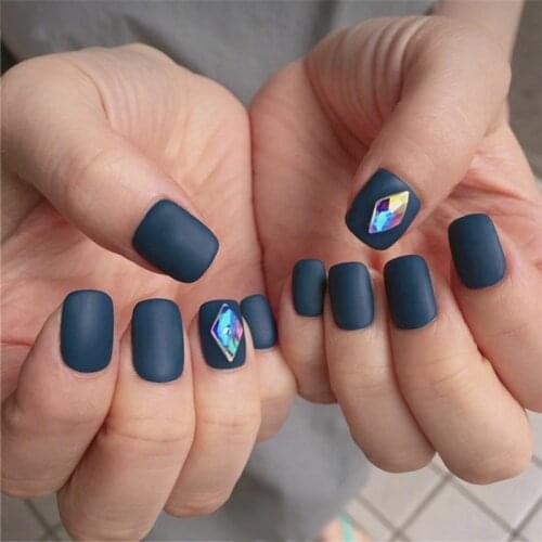 24pcs Blue Colorful Diamond Shaped Drill False Nails with Glue Frosted Finished DIY Short Size Full Cover square press on nails